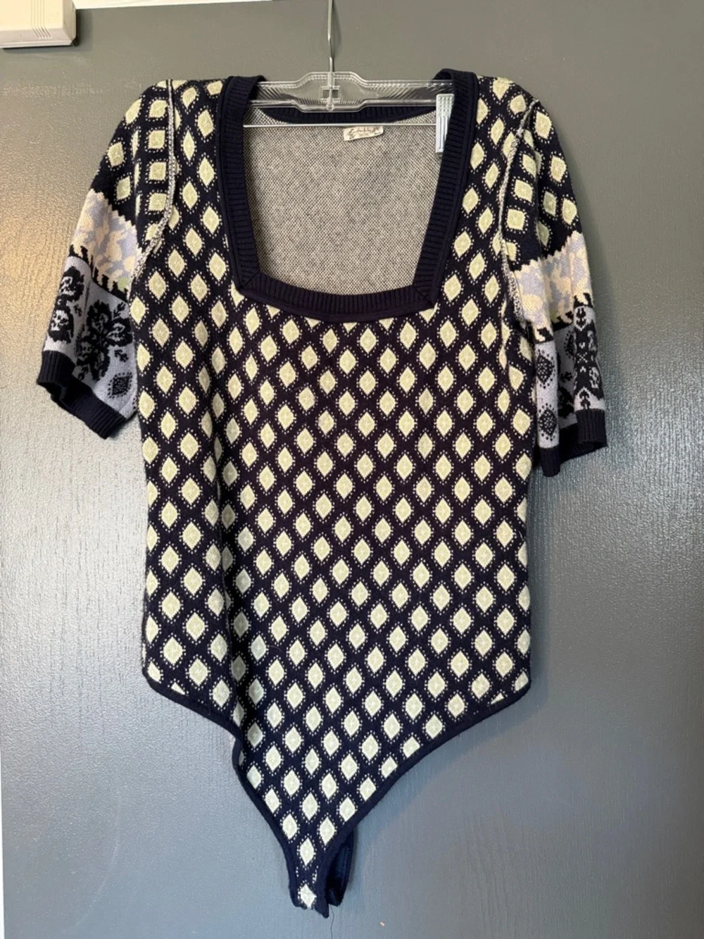 Free People Navy and Cream Textured Knit Top